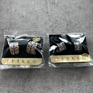 Janku Clip-On Earrings Set Of 2 Greek Key & Owl Design Silver-Tone & Gold-Tone L